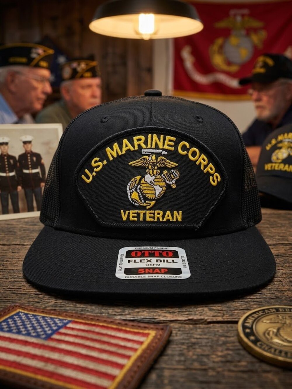 US Marine Corps Veteran USMC Patch Black OTTO Flex Bill Snapback Trucker Hat Cap